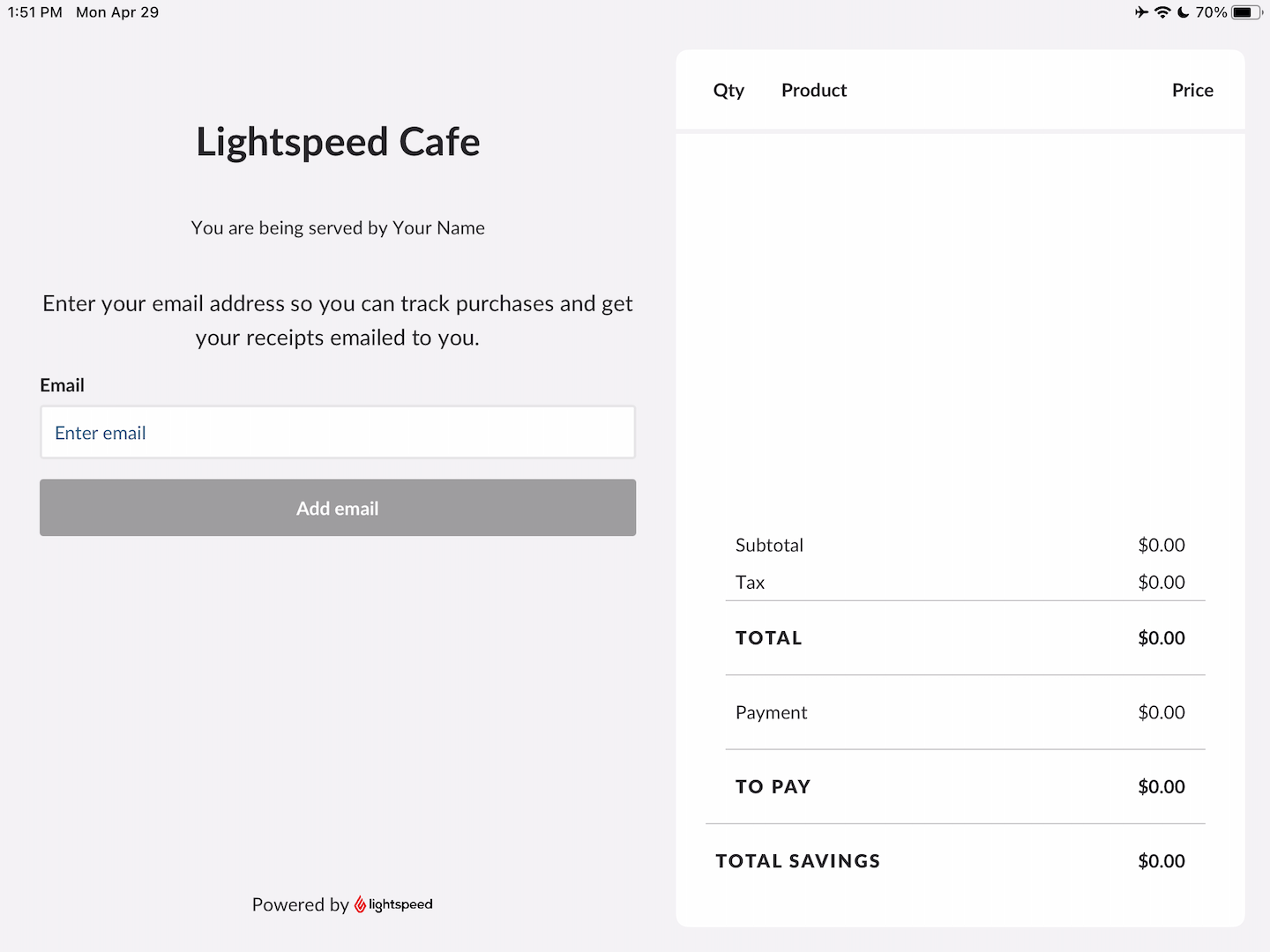 Customer-facing display screen with option for customer to enter their email address.