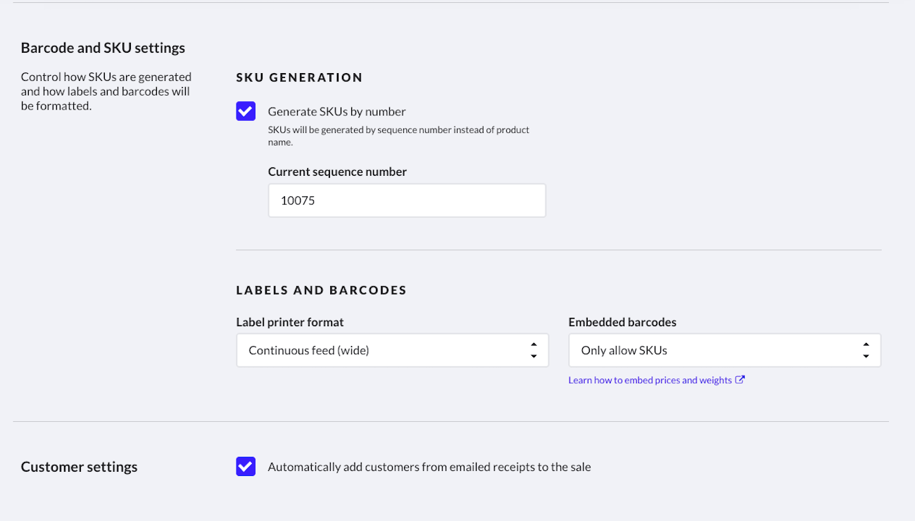 Barcode, SKU, and label section.