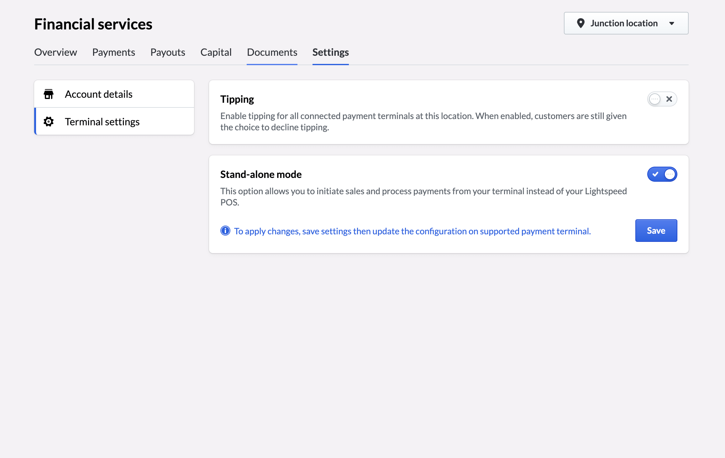 Terminal settings page with stand alone mode option toggled on.