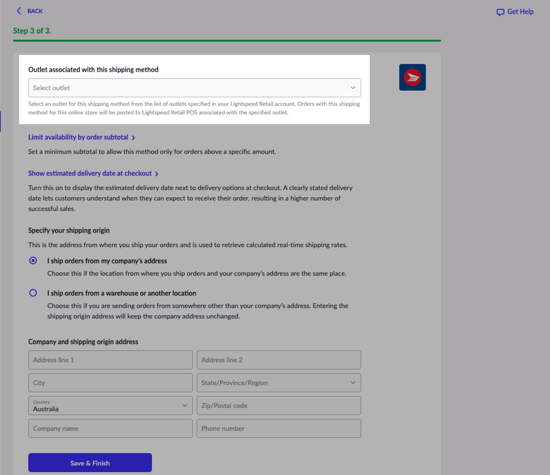 eCom shipping setup with connect outlet to shipping method highlighted.