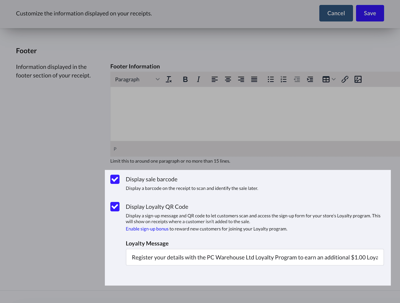 Section du pied de page, les options Afficher le code à barres de la vente et Afficher le code QR du programme de fidélité sont mises en évidence.