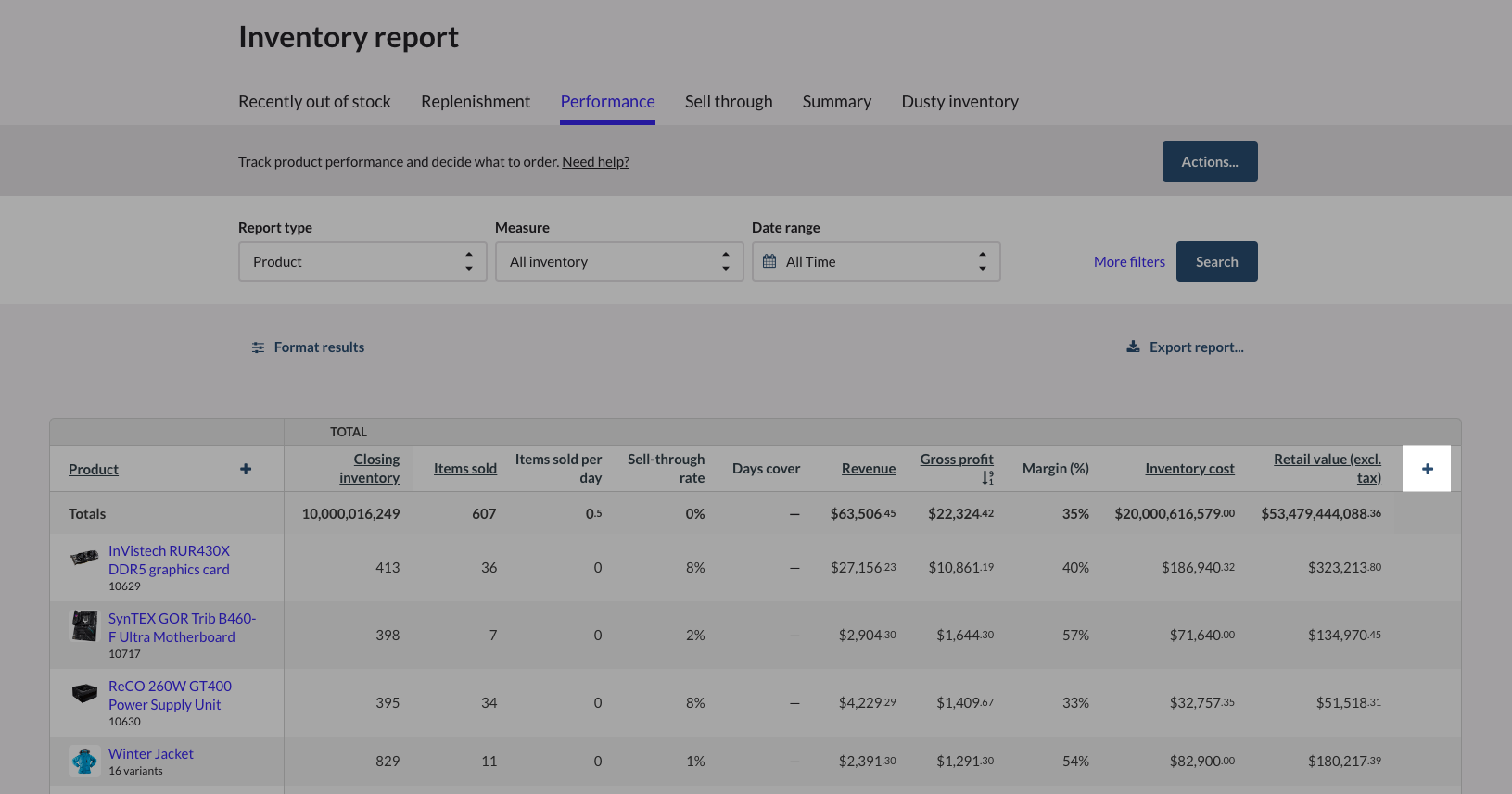 Plus icon on Inventory report page.