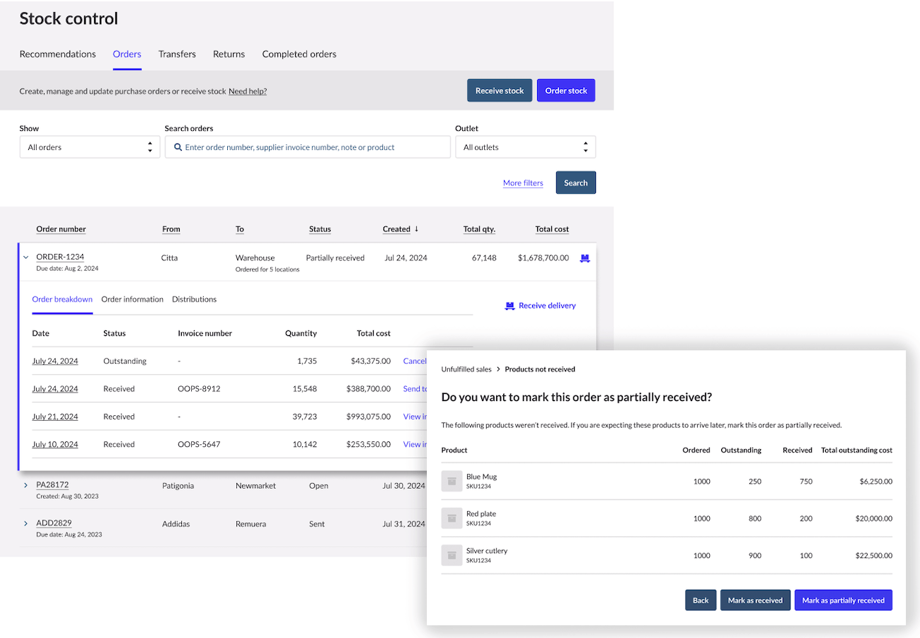 Partially received orders, Stock control page