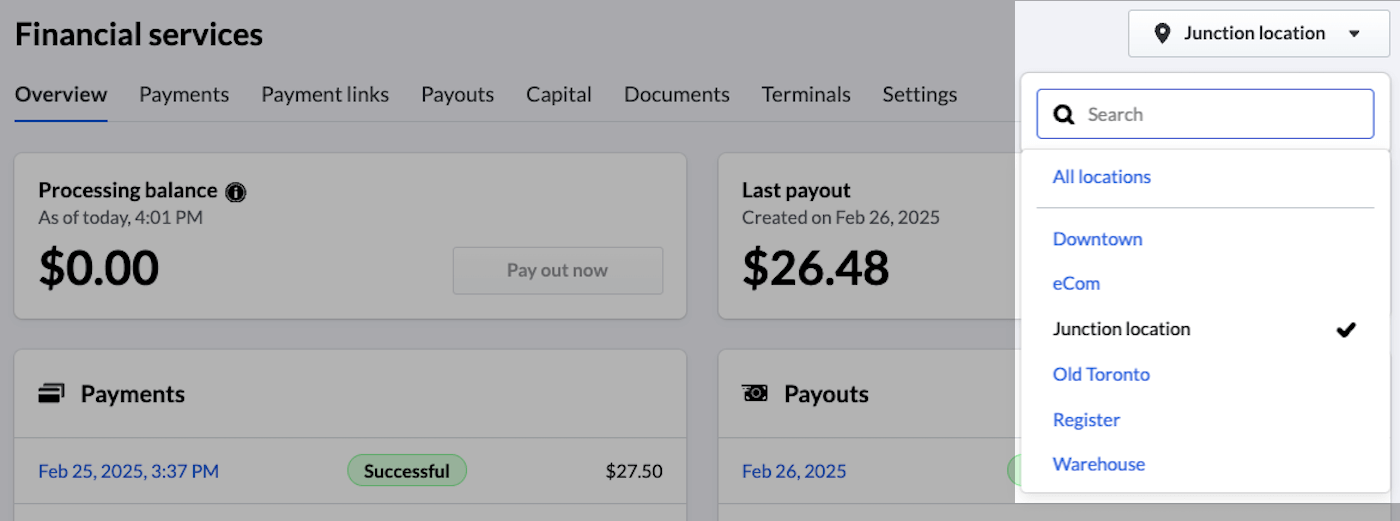 Overview tab showing Outlets dropdown emphasized, with eCom visible as an option.