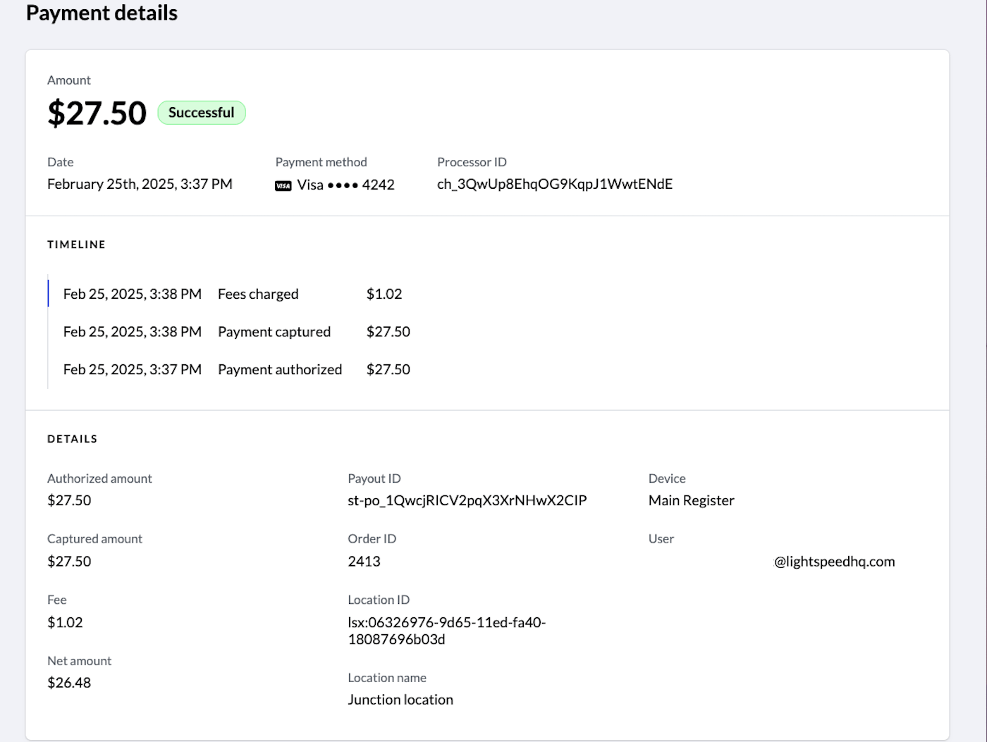 The Payment details page for a specific payment.