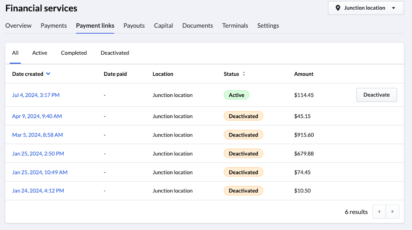 The Payment links tab.