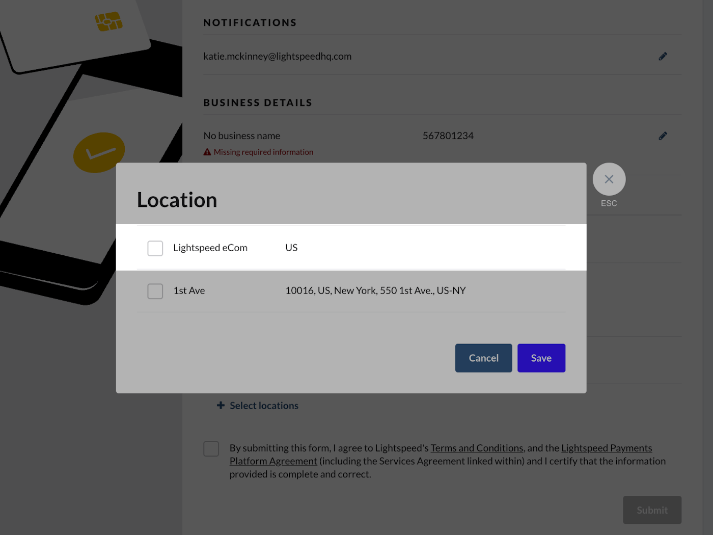 eCom application page with Location pop-up displaying location options. Lightspeed eCom is emphasized.