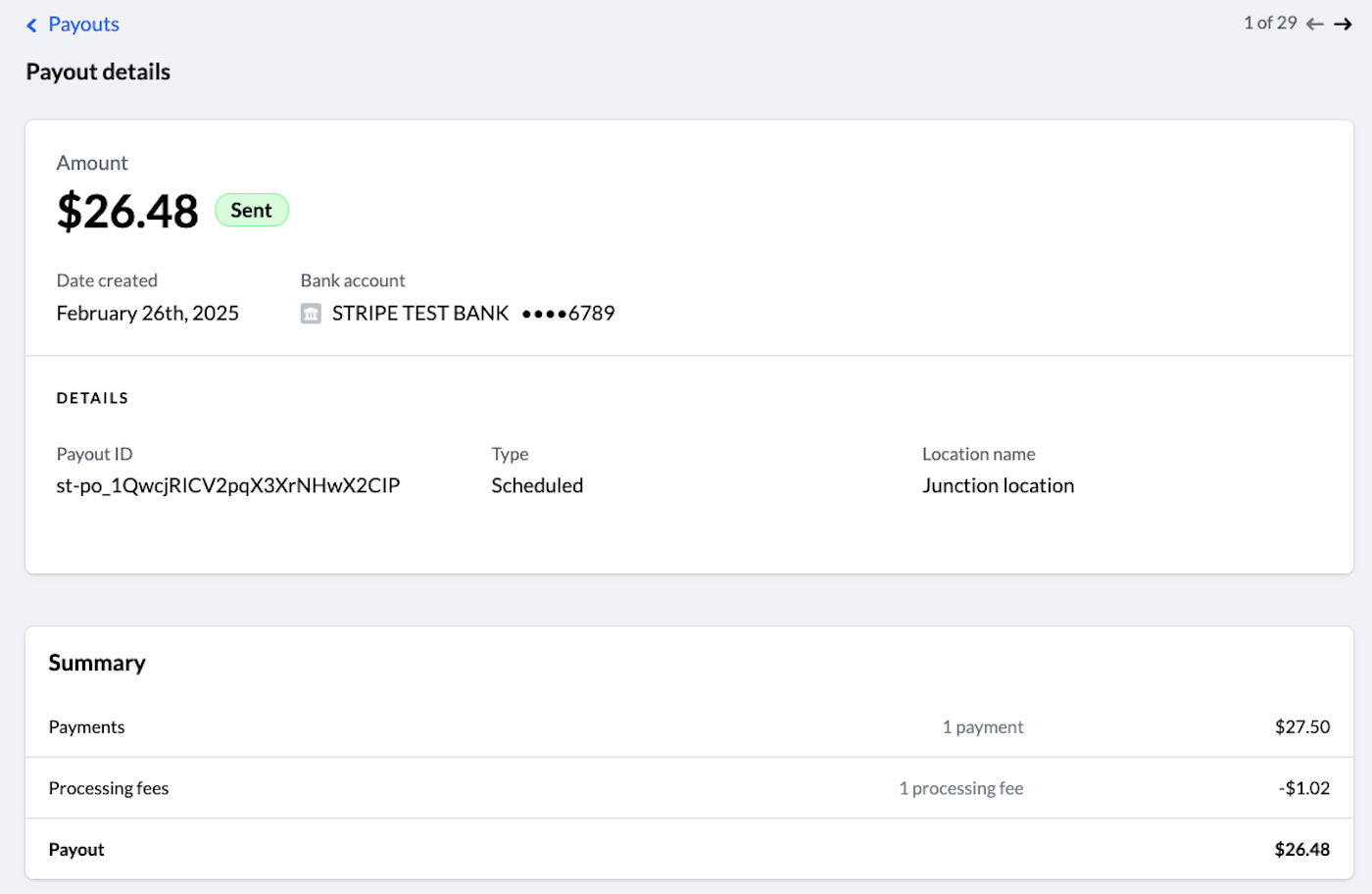 The Payout details page for a specific payout.