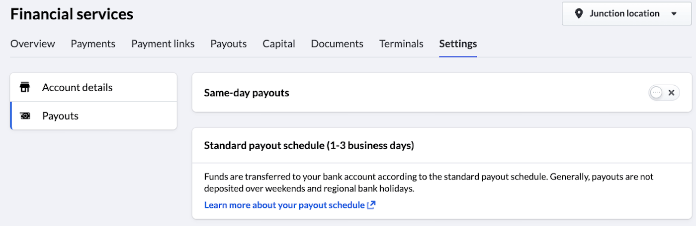 The Settings tab with Payouts selected.