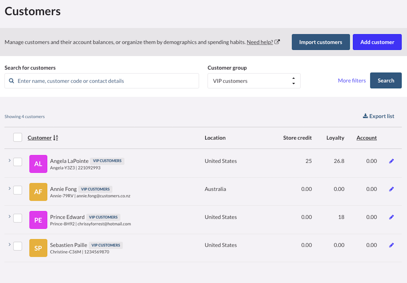 Customers page