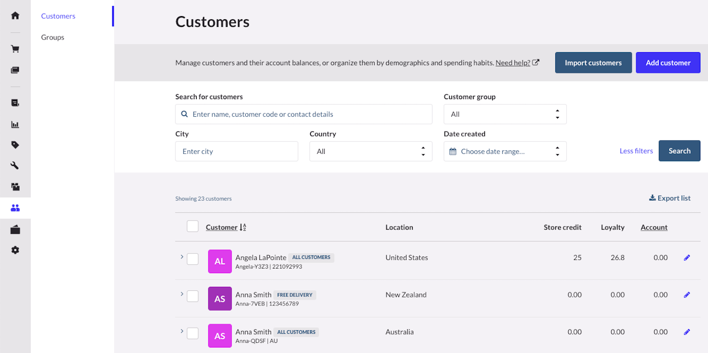 Customers page showing options to refine using filters.