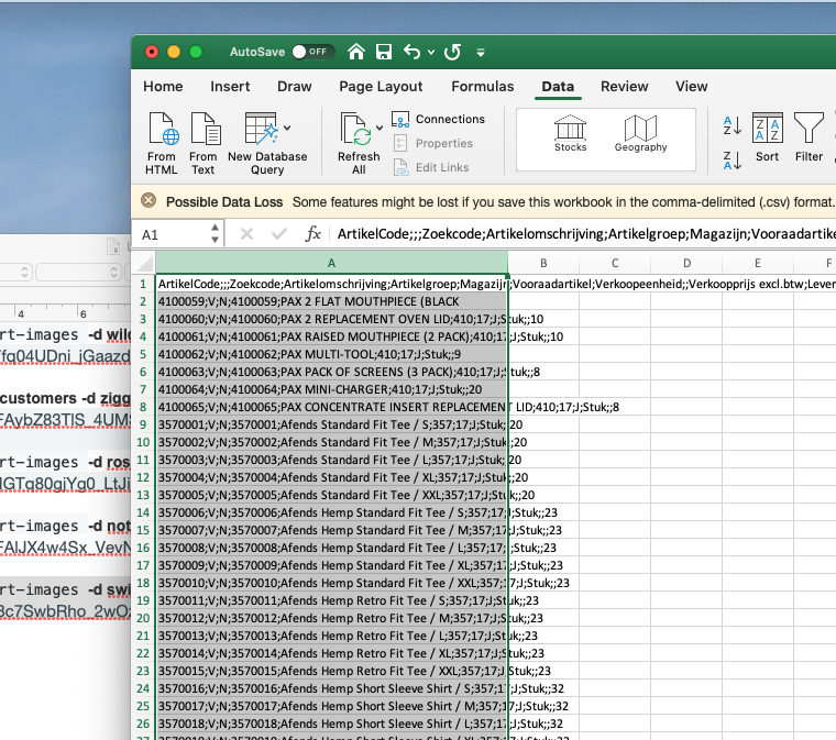 Eerste kolom geselecteerd in Excel.