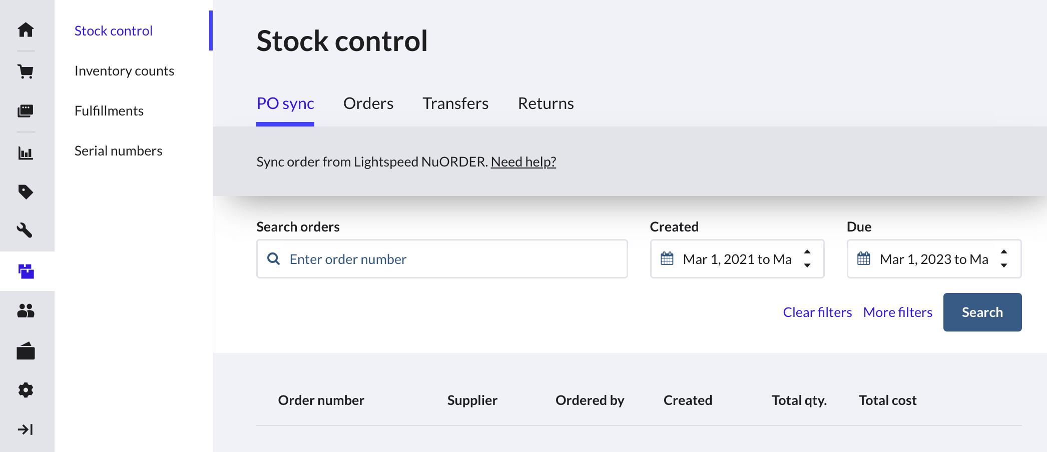 The PO Sync tab in stock control.