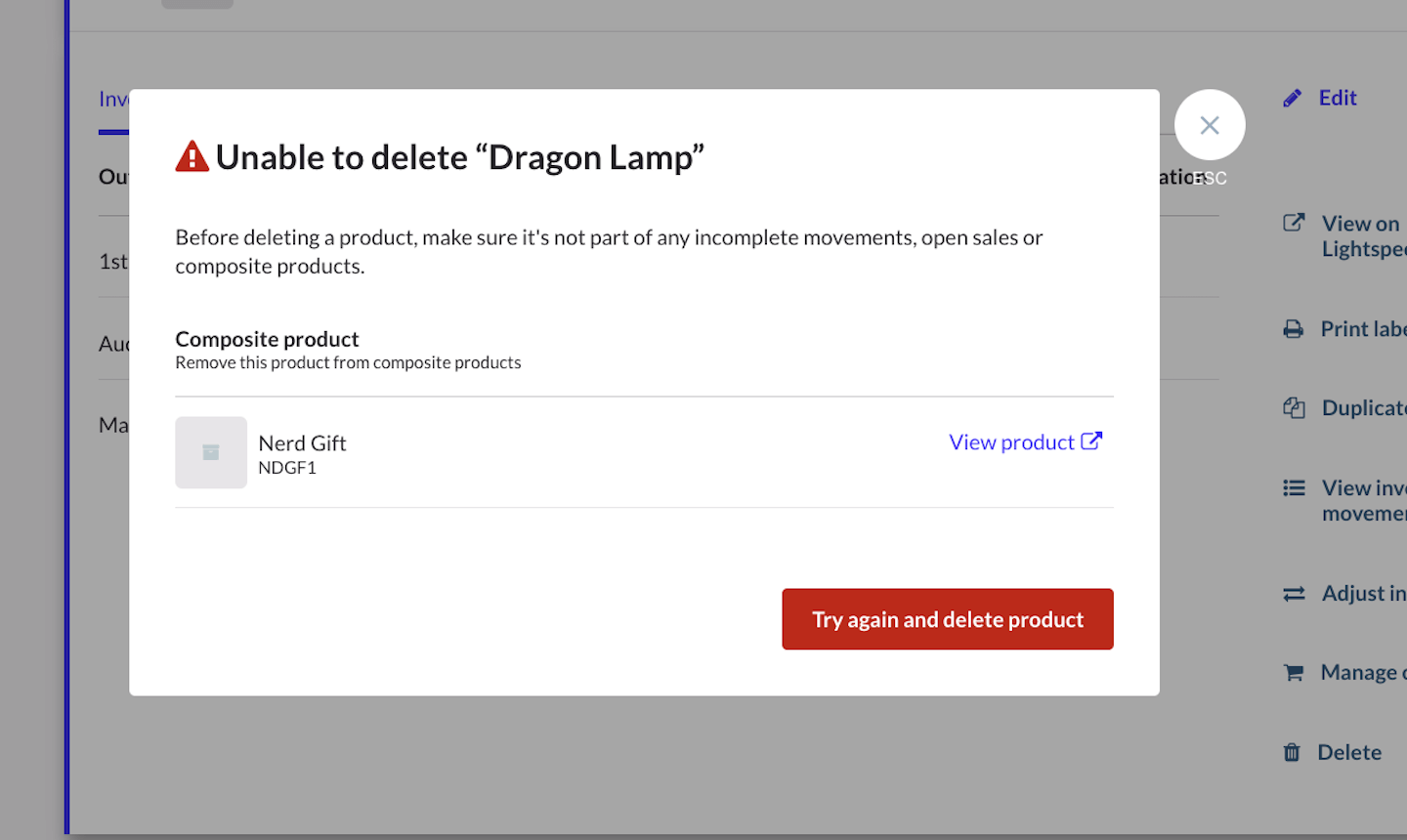 Pop-up waarin wordt aangegeven dat een item niet kan worden verwijderd omdat het deel uitmaakt van een samengesteld product. De opties Opnieuw proberen en Product verwijderen zijn zichtbaar.