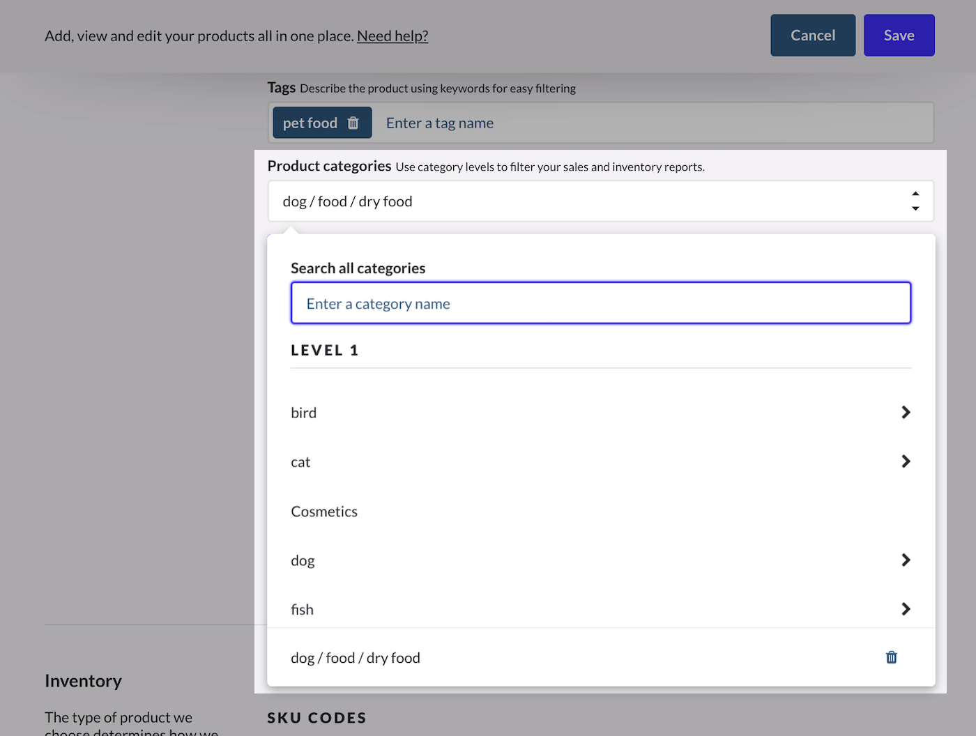 Productpagina waarop het gedeelte Productcategorieën is uitgelicht. In het vervolgkeuzemenu kan op een categorie worden geklikt of een nieuwe categorie worden ingetypt.