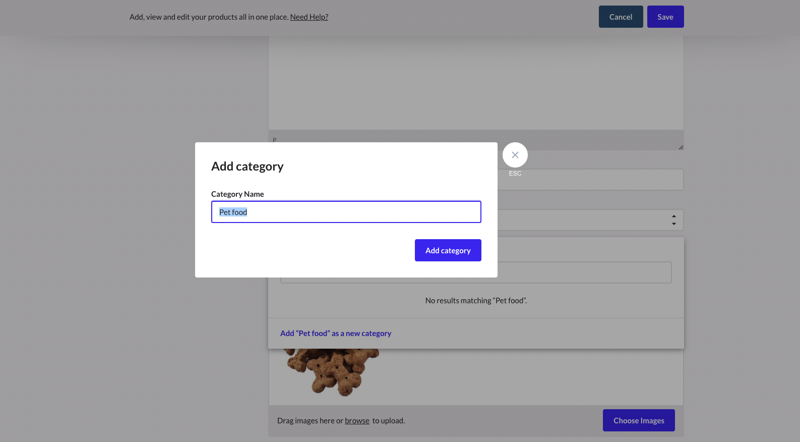 Pop-upvenster Categorie toevoegen met de optie om een categorienaam in te typen en op Categorie toevoegen te klikken.