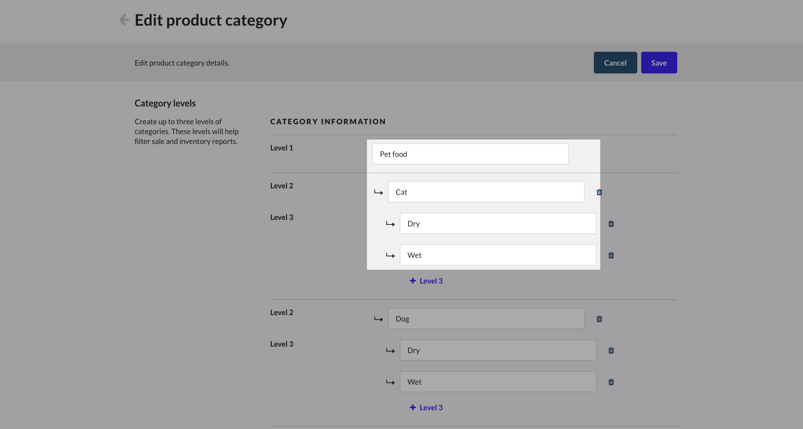 Pagina Productcategorie bewerken waarop de niveaus 1, 2 en 3 zijn uitgelicht.