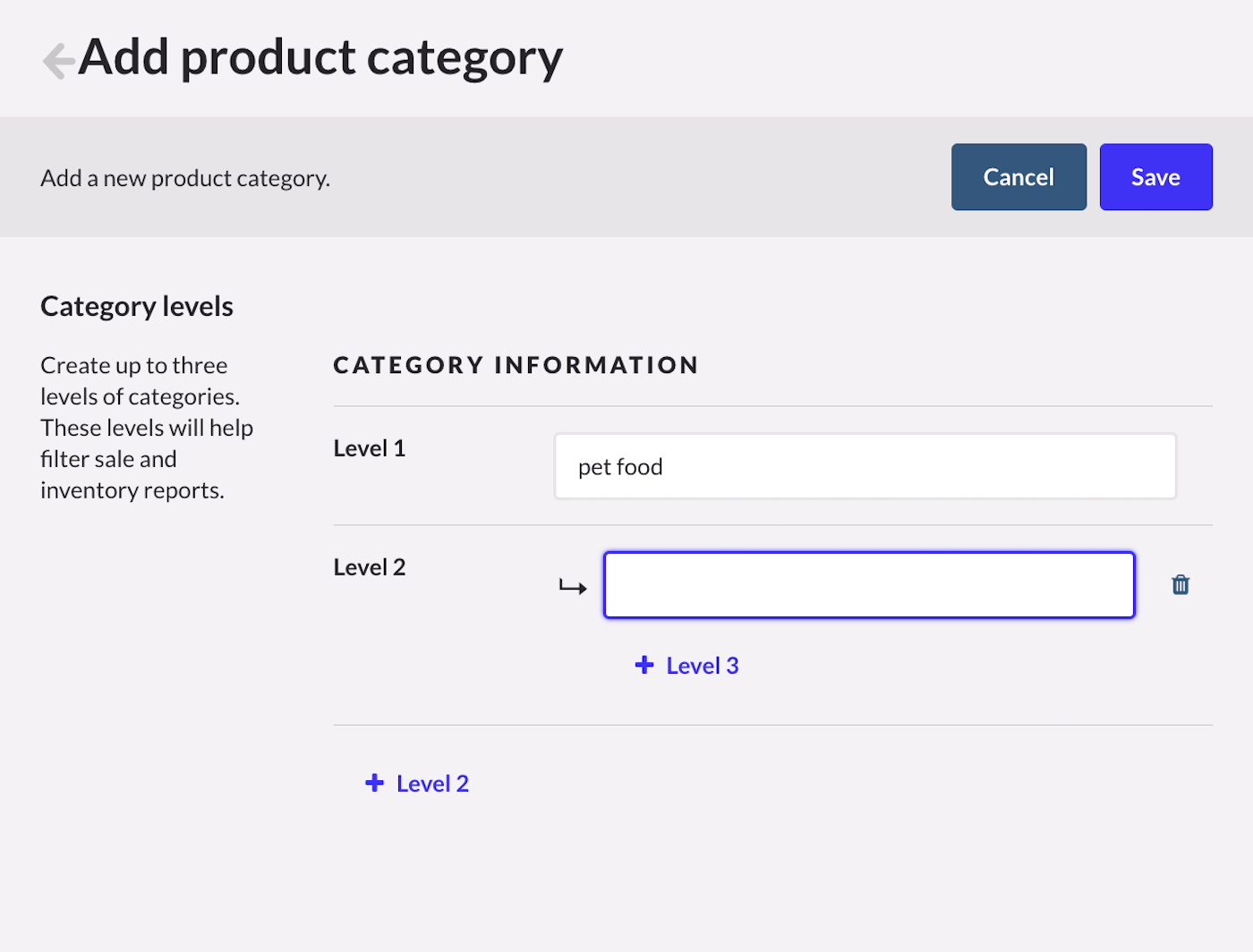 Pagina Productcategorie toevoegen met leeg veld om niveau 2 toe te voegen.