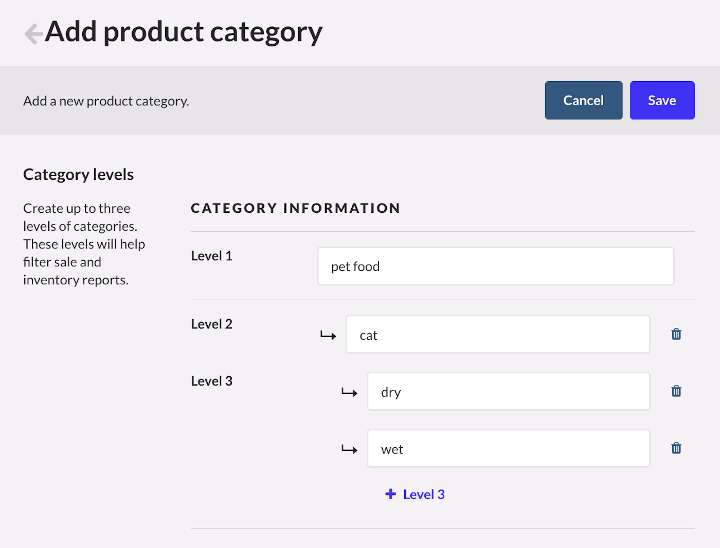 Pagina Productcategorie toevoegen met leeg veld om niveau 3 toe te voegen.