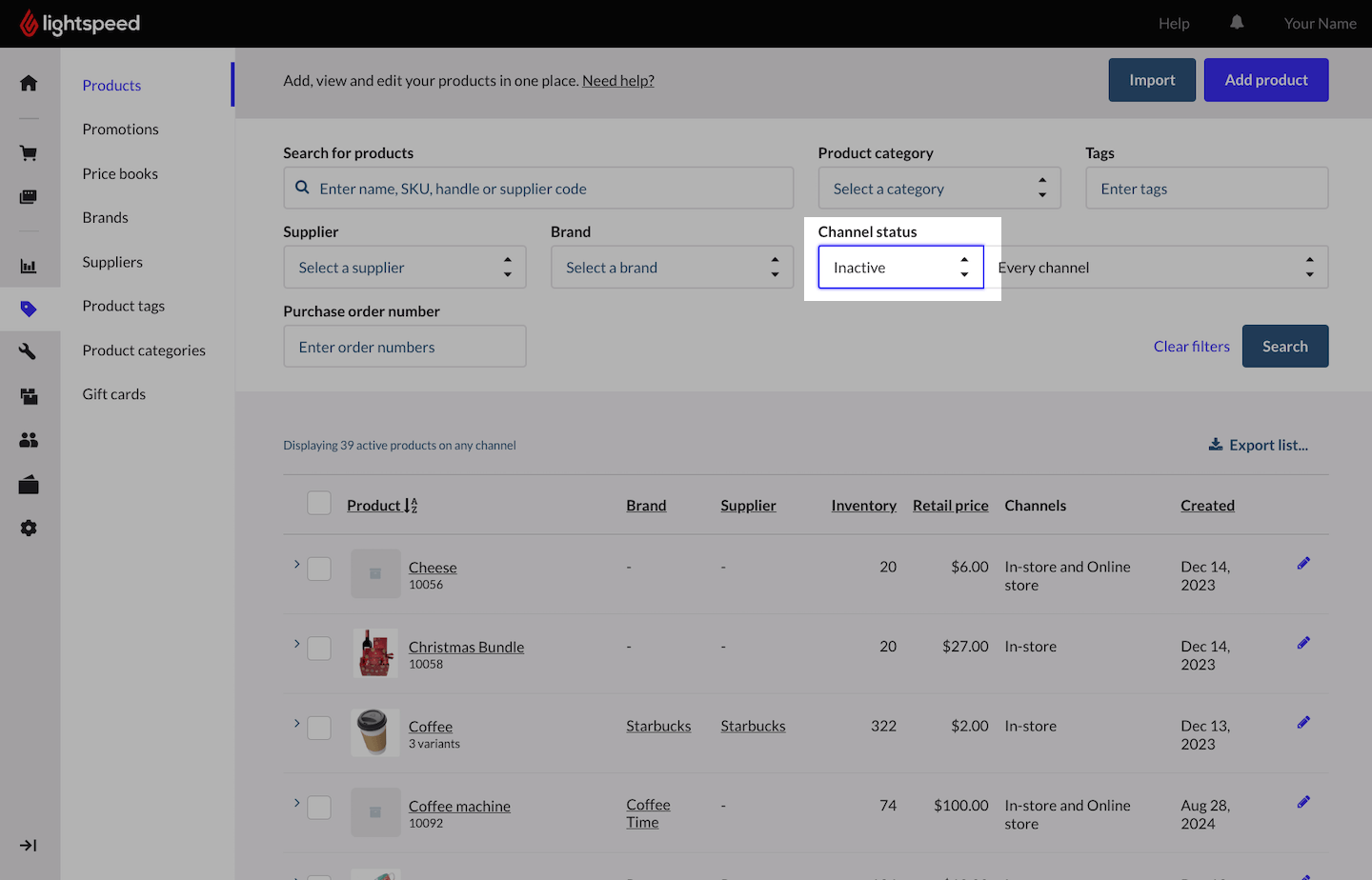 Page Produits, le menu déroulant État du canal est mis en évidence et l’état Inactif est sélectionné.