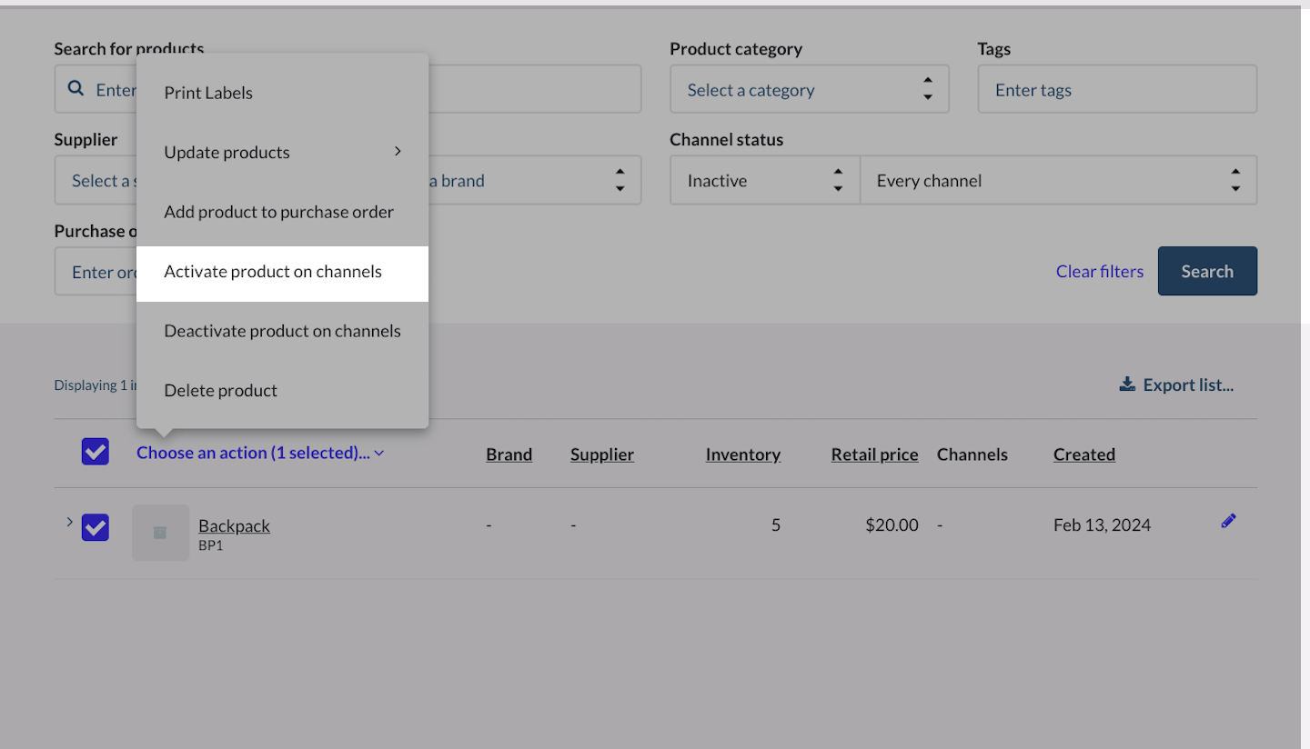 Menu Choisir une action, l’option Activer le produit sur les canaux est mise en évidence.