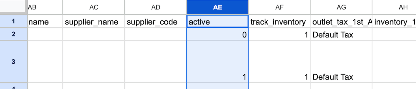 Feuille de calcul contenant la liste de produits, la colonne active (actif) est mise en évidence.