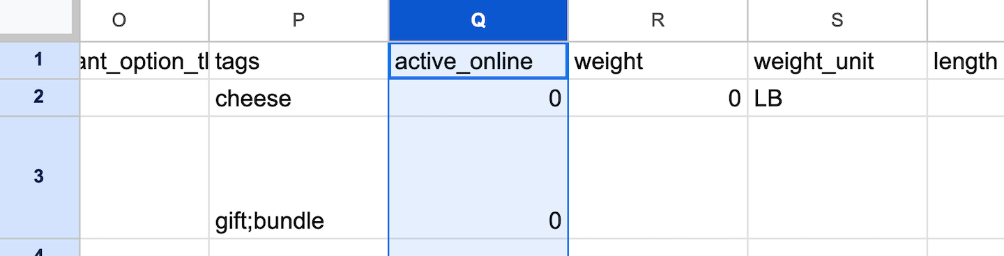 Feuille de calcul contenant la liste de produits, la colonne active_online (actif en ligne) est mise en évidence.