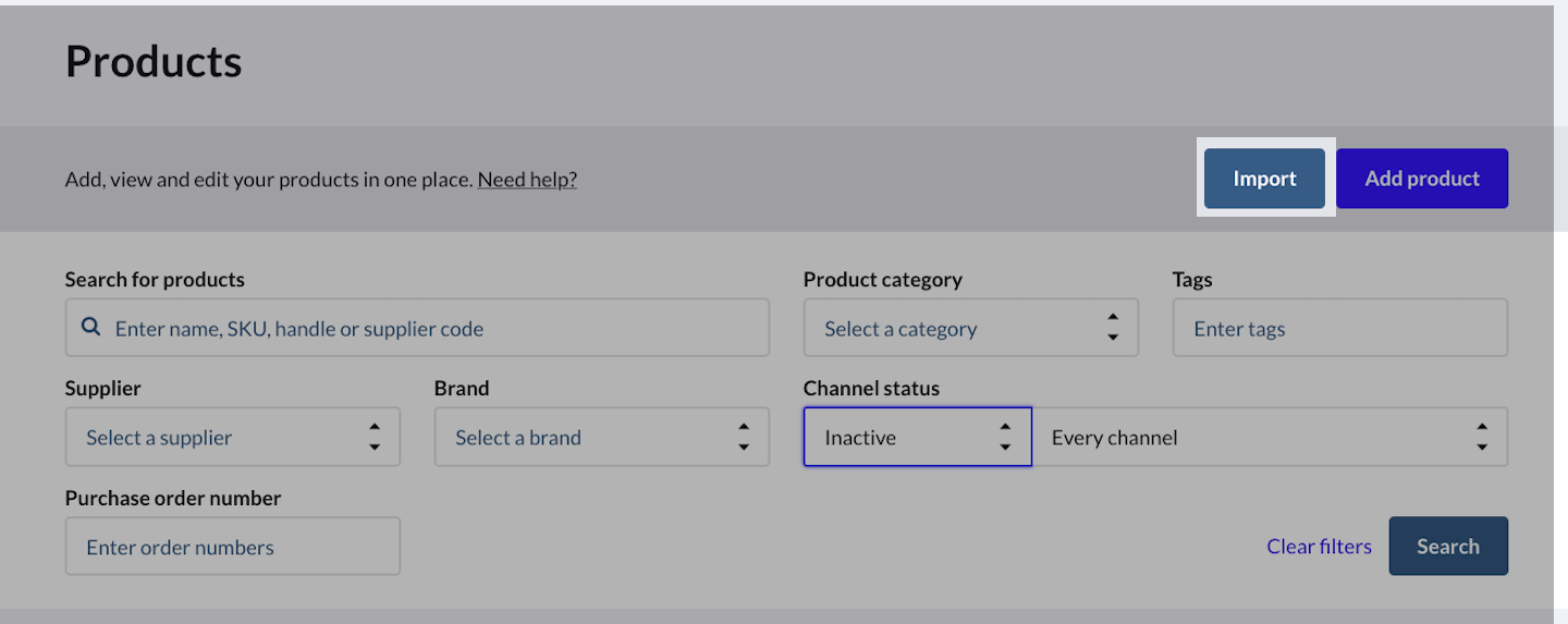 Page Produits, le bouton Importer est mis en évidence.