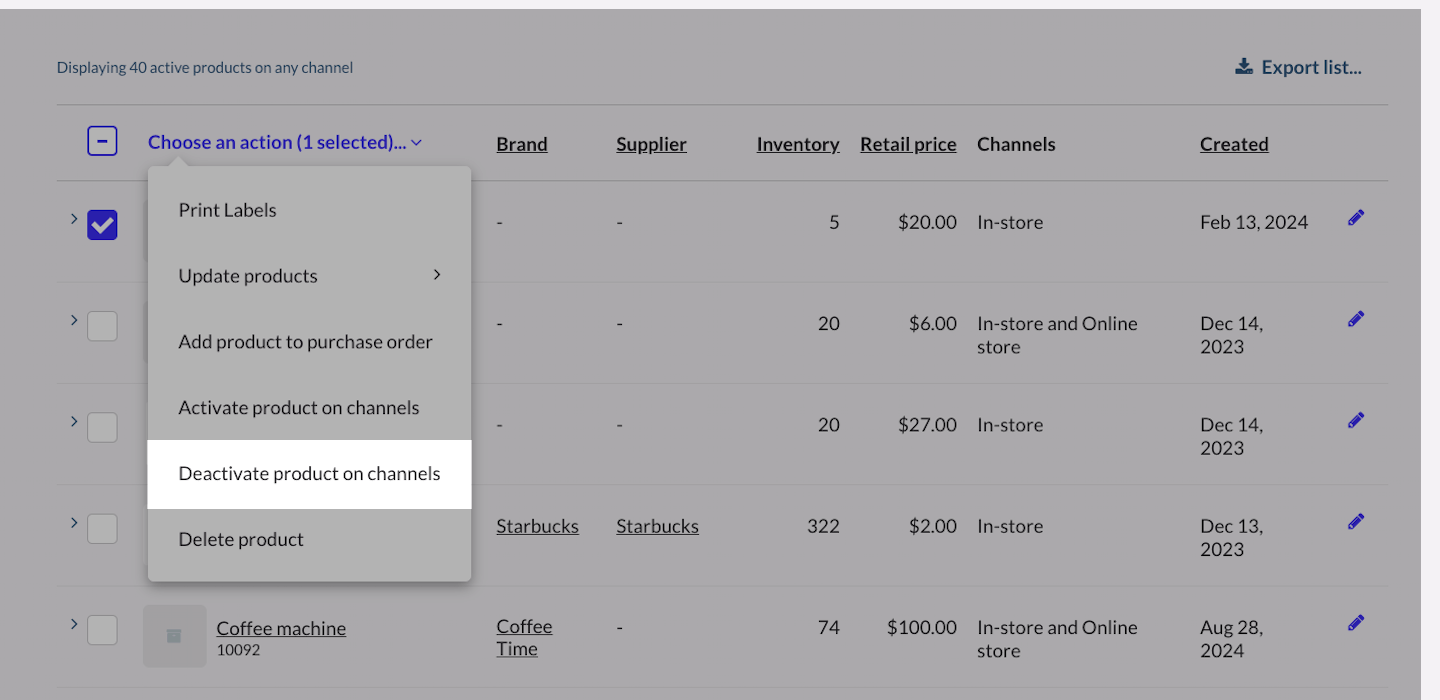 Liste d’options, l’option Désactiver le produit sur les canaux est mise en évidence.