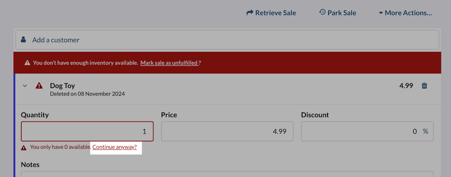 Vente d’un produit supprimé en cours, le bouton Continuer quand même est mis en évidence.