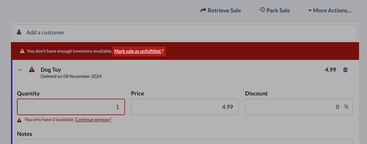 Vente d’un produit supprimé en cours, l’option Marquer la vente comme incomplète est mise en évidence.