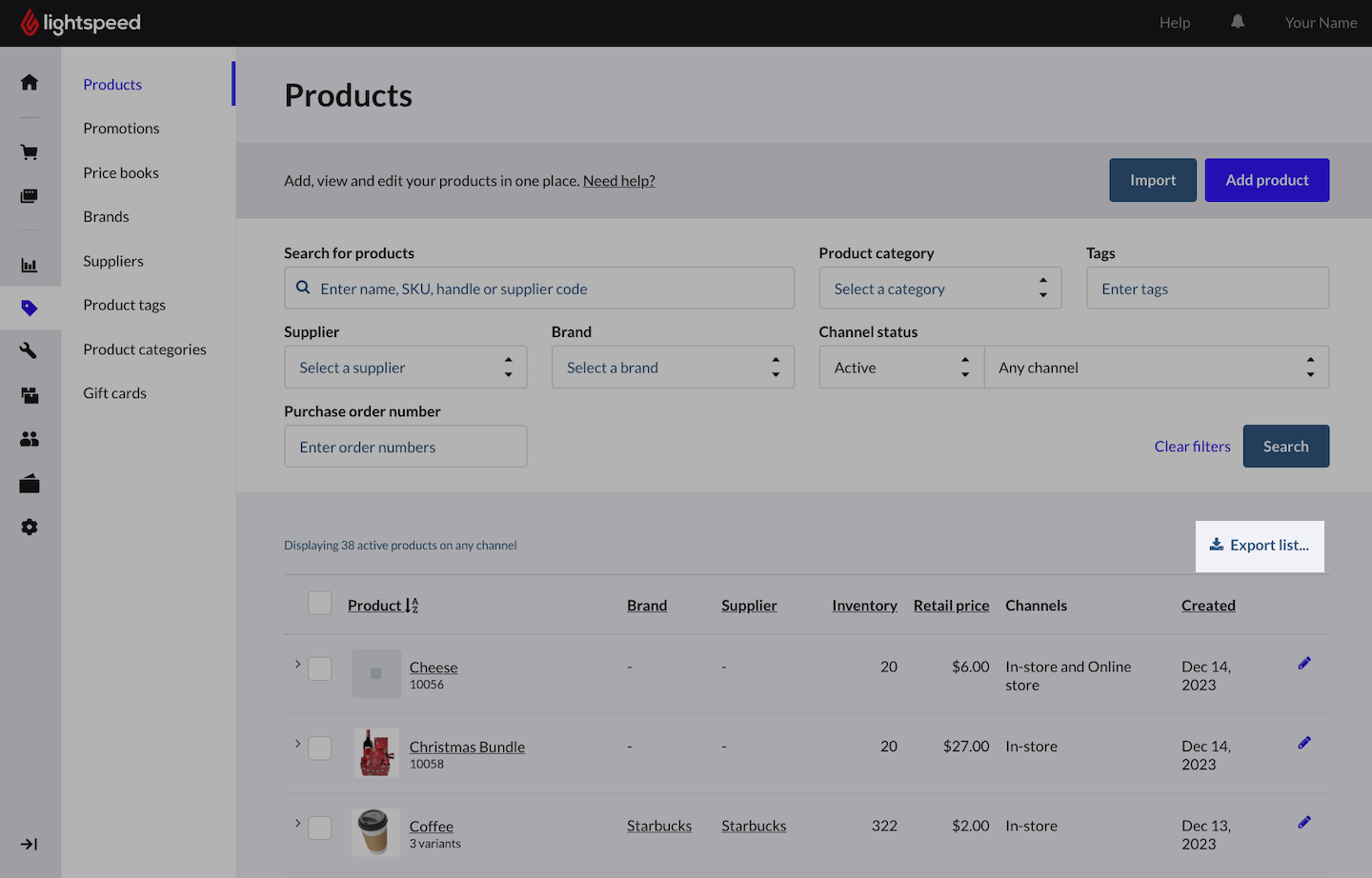 Page Produits, le bouton Exporter la liste est mis en évidence.