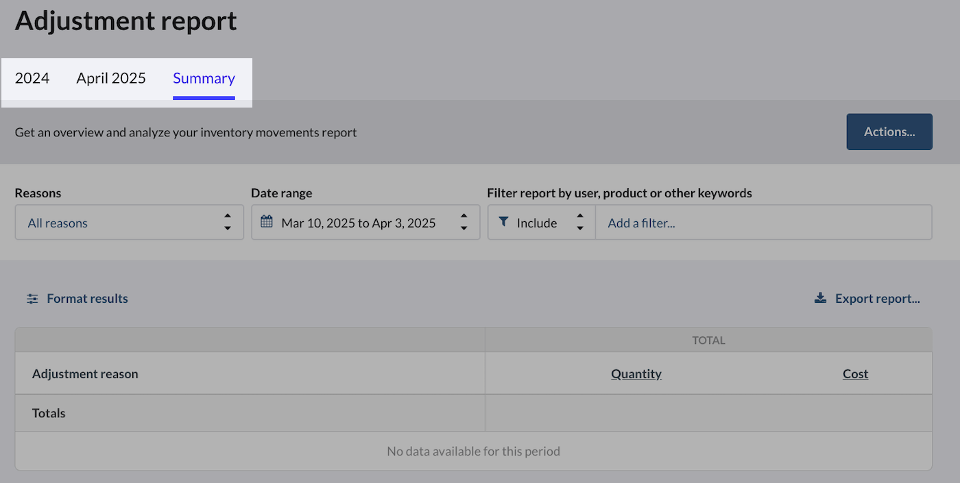 Adjustment report page with saved report tabs and Summary tab emphasized.