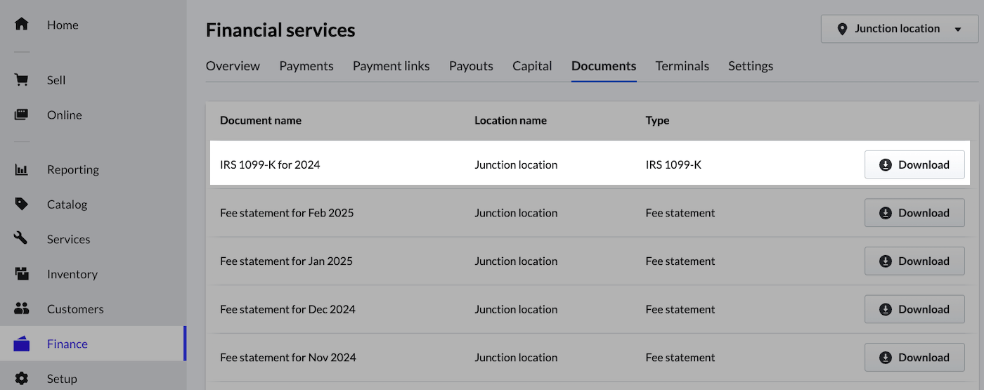 Onglet Documents de la page Gestion financière avec un document fiscal et le bouton de téléchargement mis en évidence.