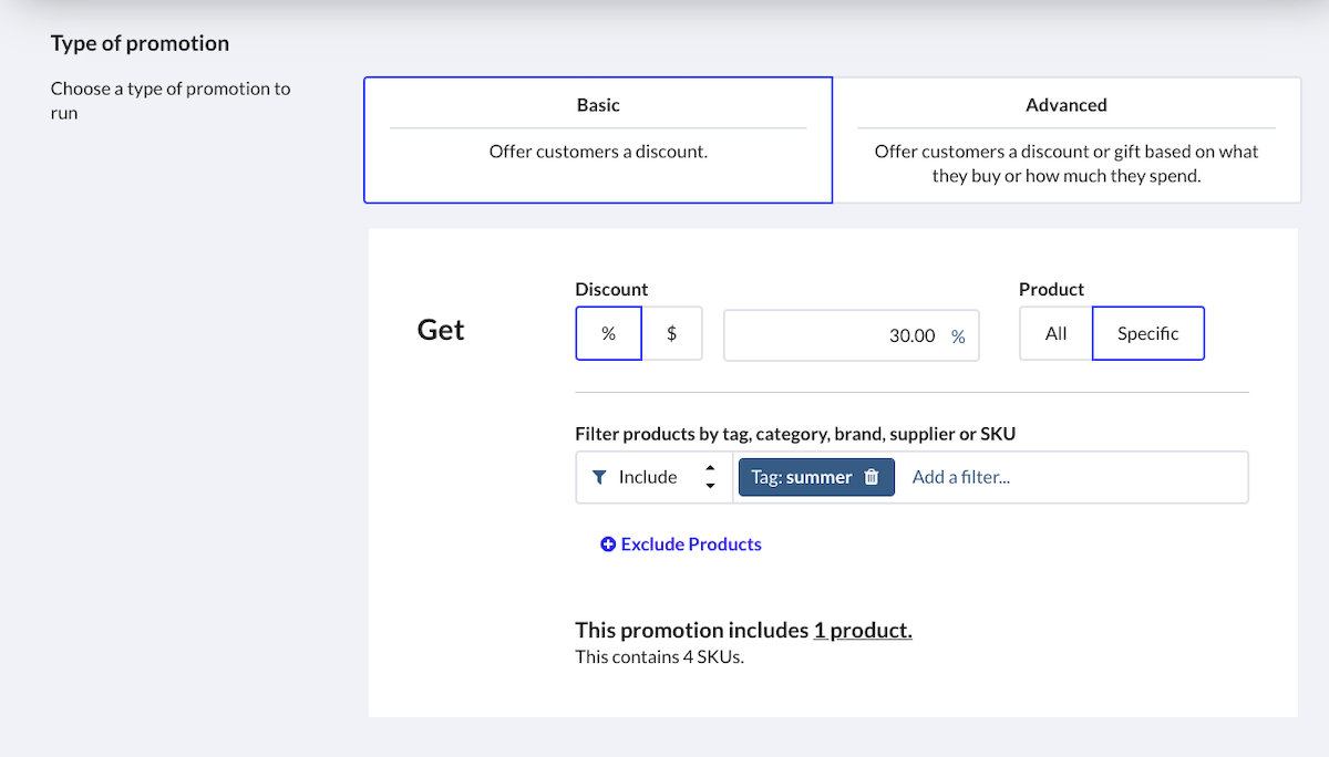 Section Type de promotion, l’option Basique est sélectionnée et la réduction est configurée pour des articles précis.