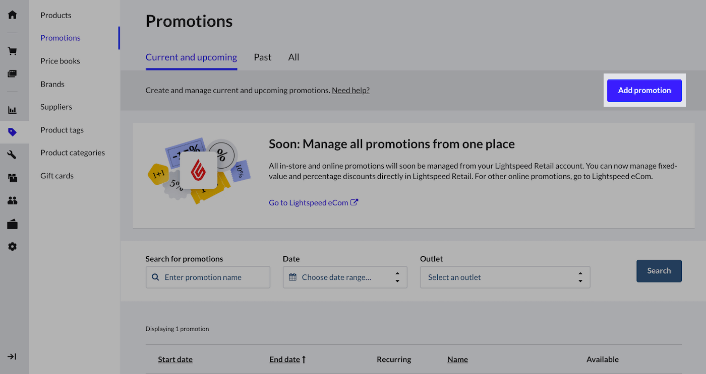 Page Promotions avec le bouton Ajouter une promotion mis en évidence