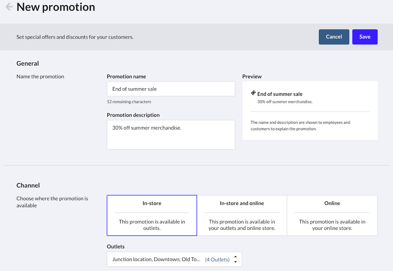 Page Nouvelle promotion montrant les champs pour saisir le nom et la description de la promotion et la section où sélectionner les canaux et les établissements.