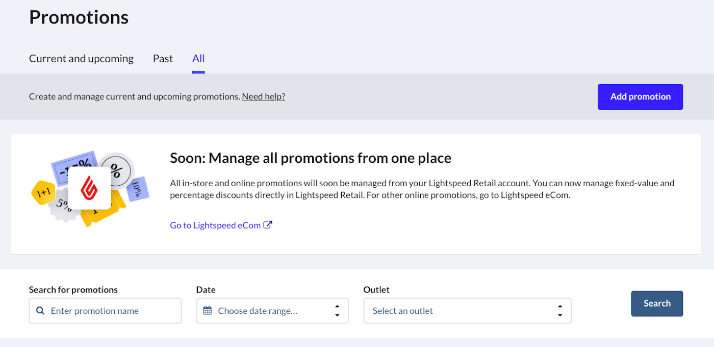 Page Promotions montrant les onglets En cours et à venir, Passées et Toutes, ainsi que la fonctionnalité de recherche