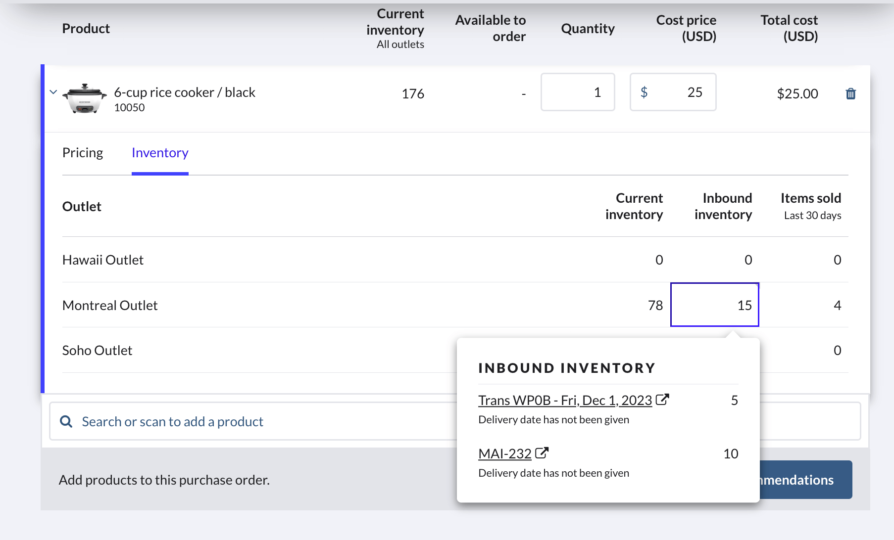 Fenêtre contextuelle avec les détails de l’arrivage de stocks.