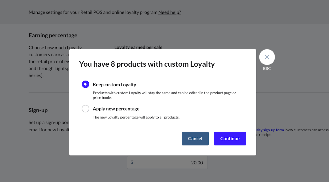 Pop-upbericht waarin wordt aangegeven dat sommige producten aangepaste Loyalty-bedragen hebben en waarin wordt gevraagd of deze moeten worden aangehouden of dat het nieuwe Loyalty-verdienpercentage moet worden toegepast.