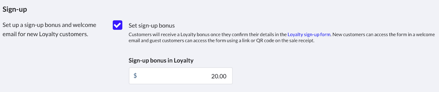 Pagina met Loyalty-instellingen waarop het gedeelte Aanmelden te zien is.