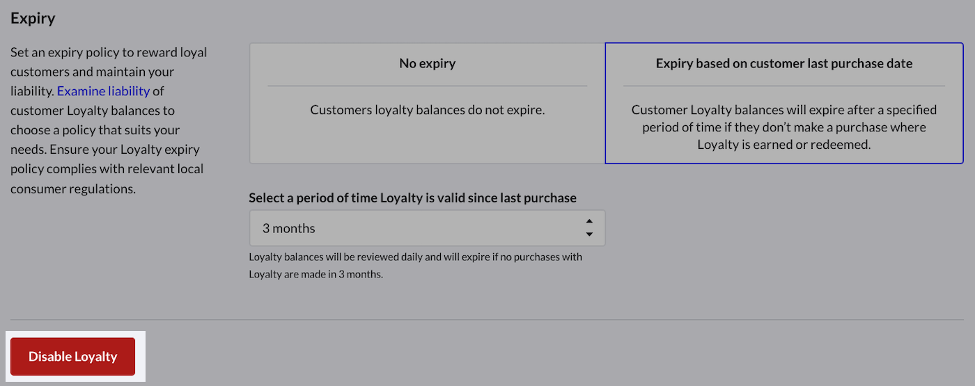 Pagina met Loyalty-instellingen waarop de knop Loyalty uitschakelen is uitgelicht.