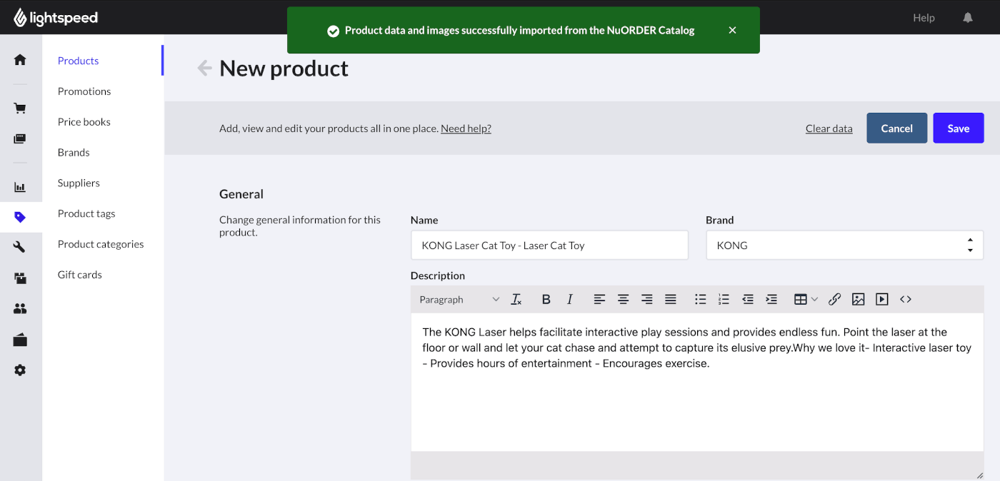 Page Nouveau produit sur laquelle est affichée une bannière portant le message Données du produit importées