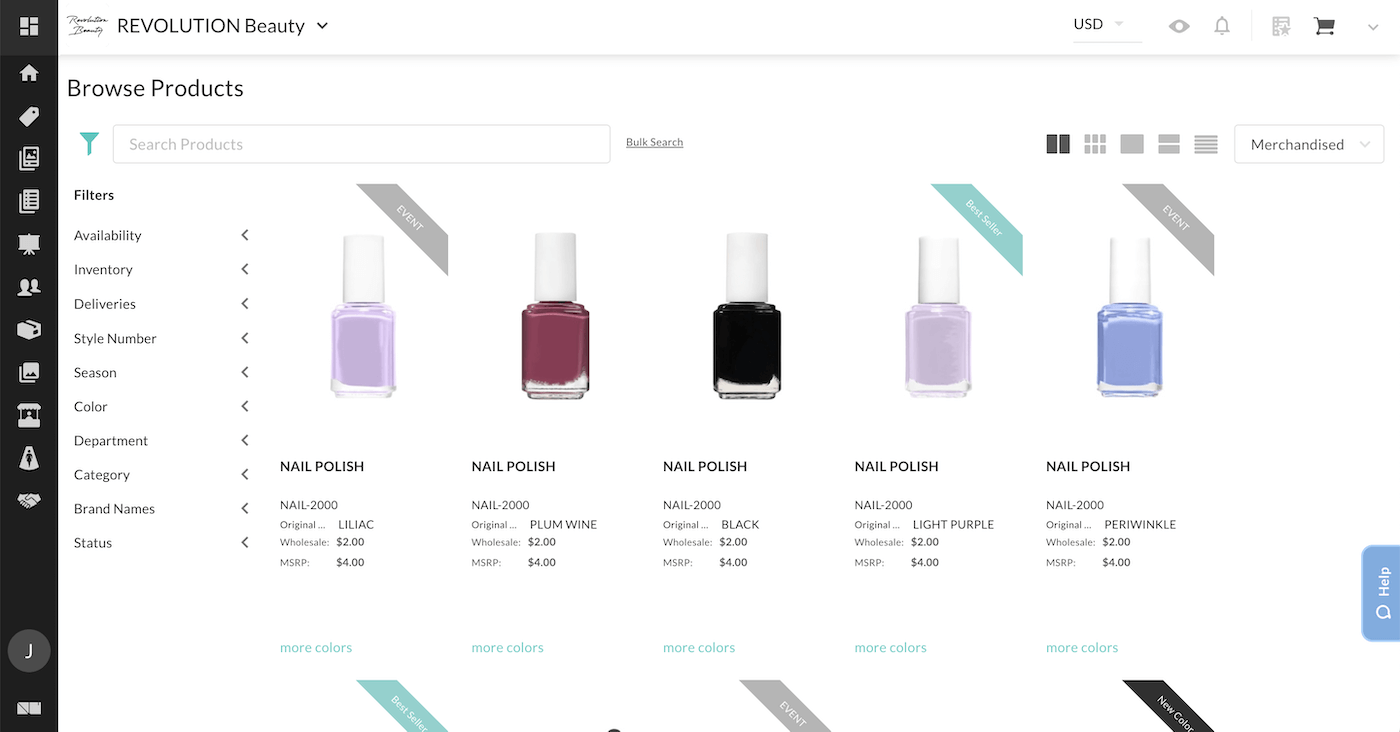 Page de produits dans NuOrder montrant des produits de beauté.
