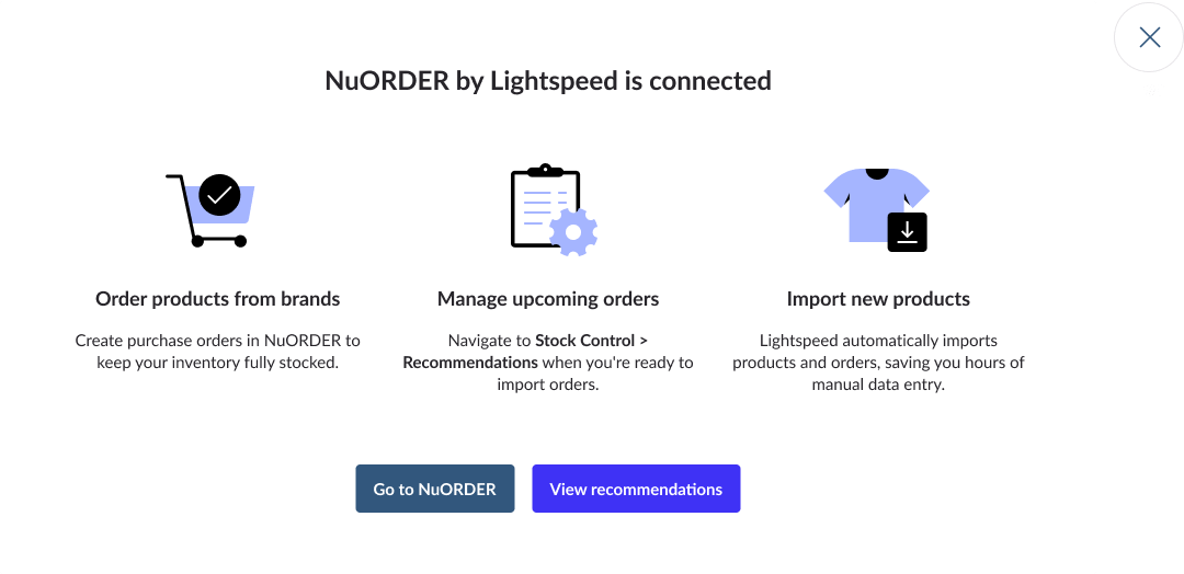 Notification indiquant que NuOrder est connecté, avec les options d’accéder à NuOrder ou de consulter les recommandations.