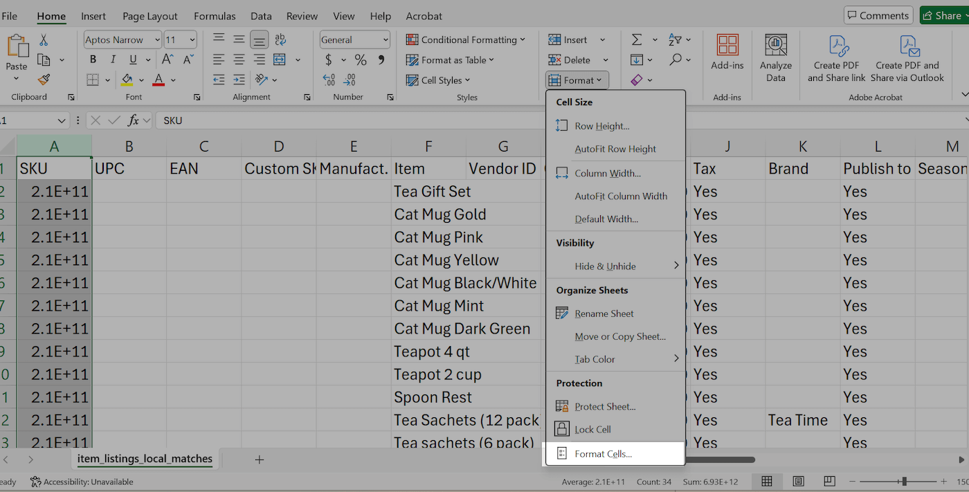 Format cells option highlighted.