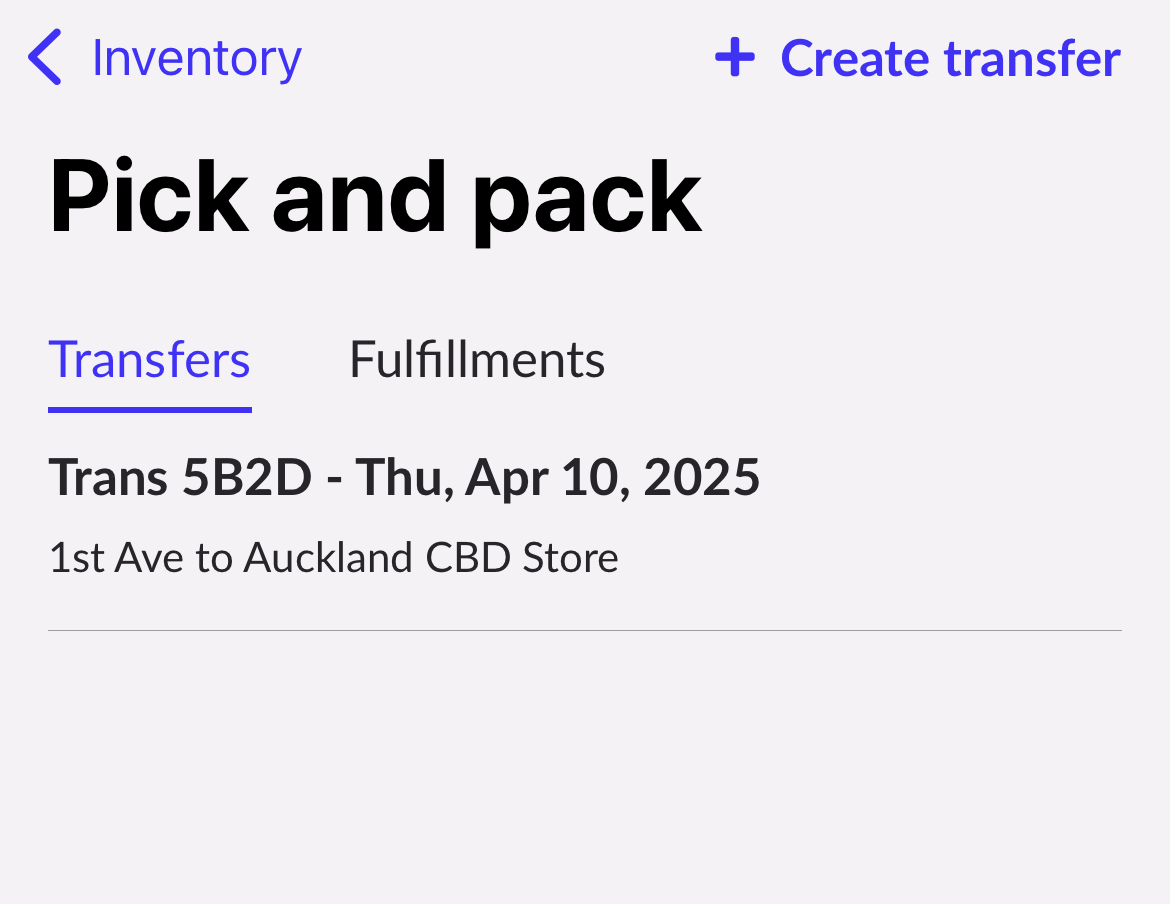 Pick and pack page with + Create transfer visible.