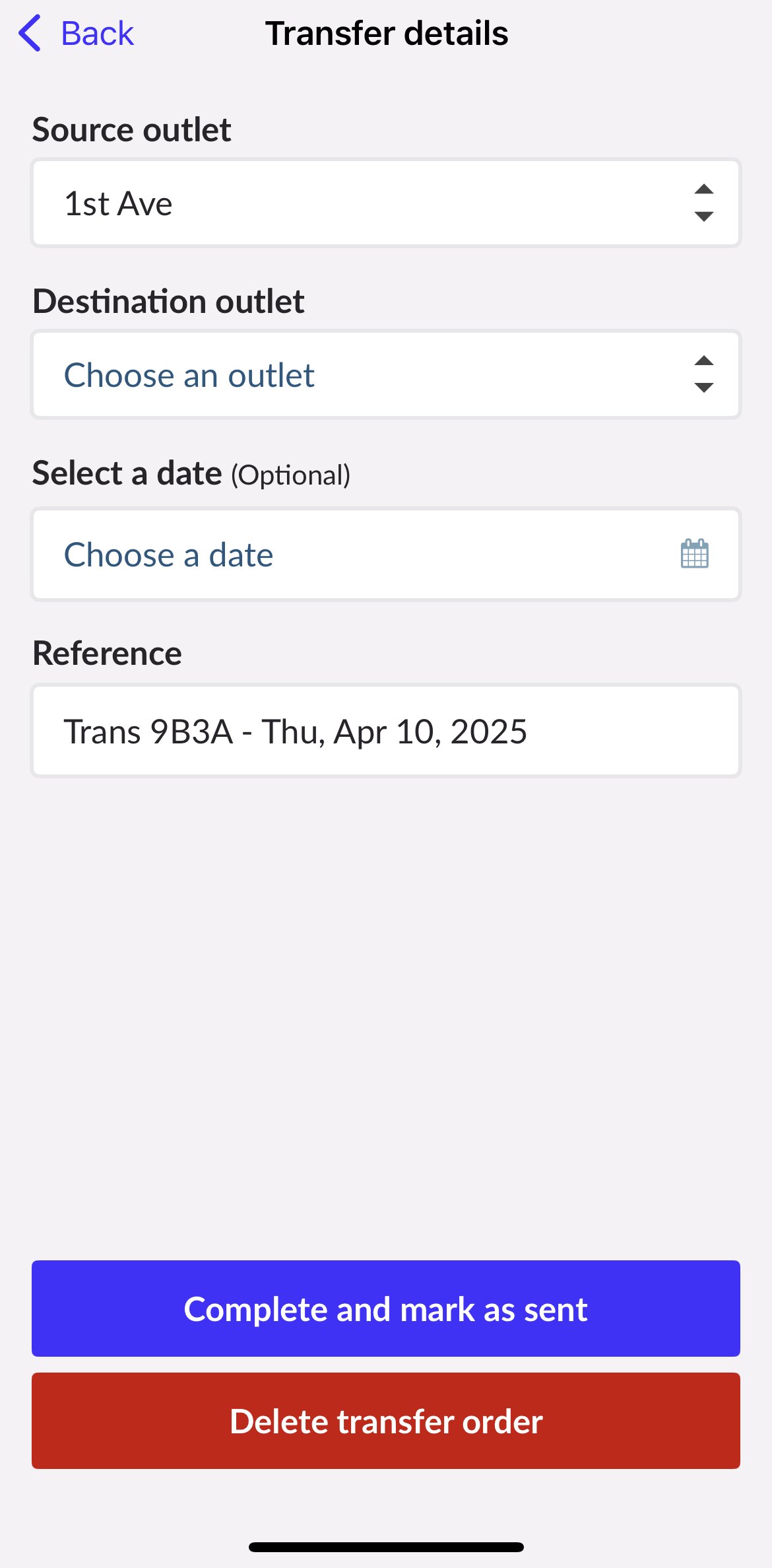 Transfer details page.