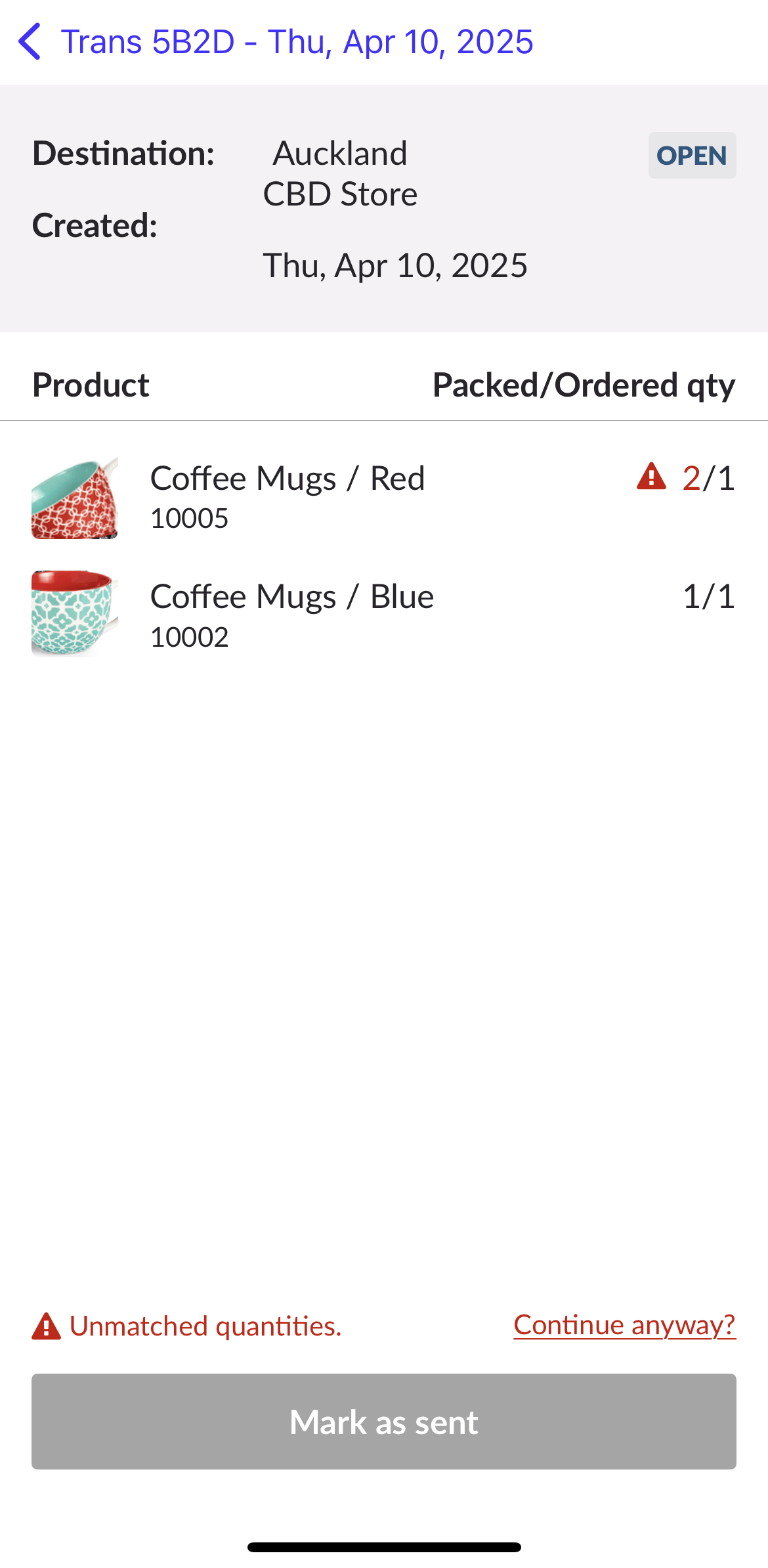 Packed page showing unmatched quantities warning and Continue anyway? option.