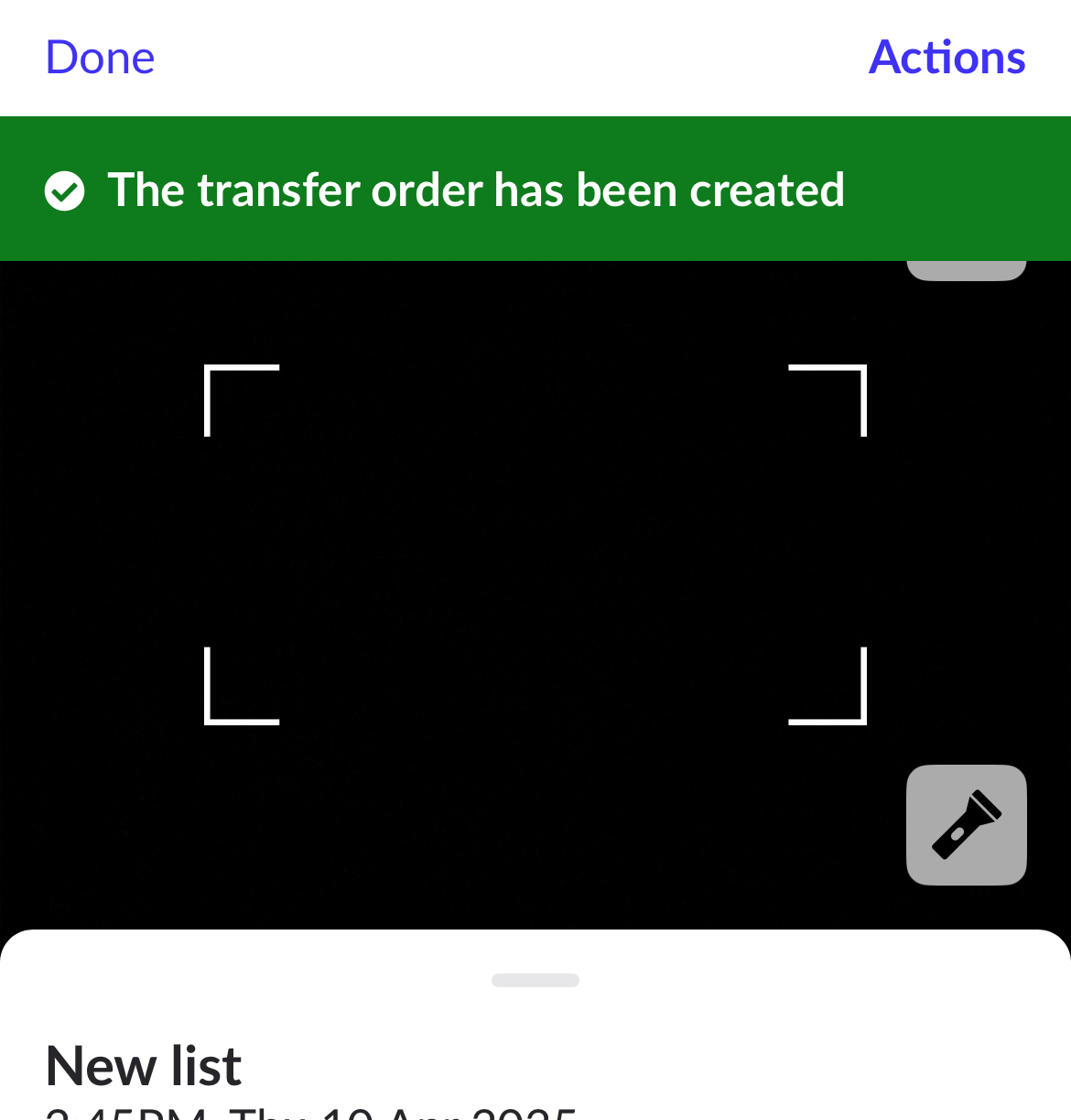 New list page showing temporary banner confirming the transfer order was created.
